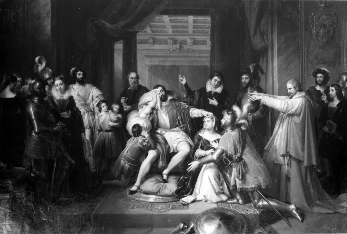 Enrico II ferito a morte in un torneo benedice il matrimonio di Emanuele Filiberto con Margherita di Valois - Castello Ducale, Piemonte
